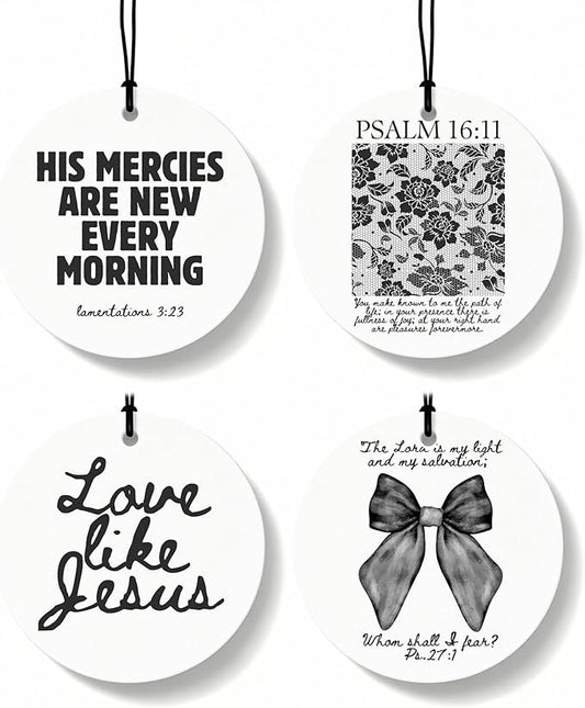 Black Christian Round Car Air Freshener 4 Pcs, Girly Black Bow Floral Religious Hanging Air Freshener for Cars Closet Drawer Books, Cute Preppy Christian Car Accessories Mirror Decor for Women