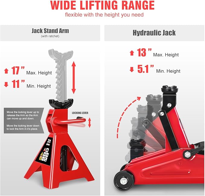 DNA Motoring 2 Ton Car Jack and Stands Kit 2T(4000 lbs) Capacity Low Profile Hydraulic Trolley Service/Floor Jack with 2 Ratchet Stands Combo for Home Garage Shop, Red, TOOLS-00476-RD