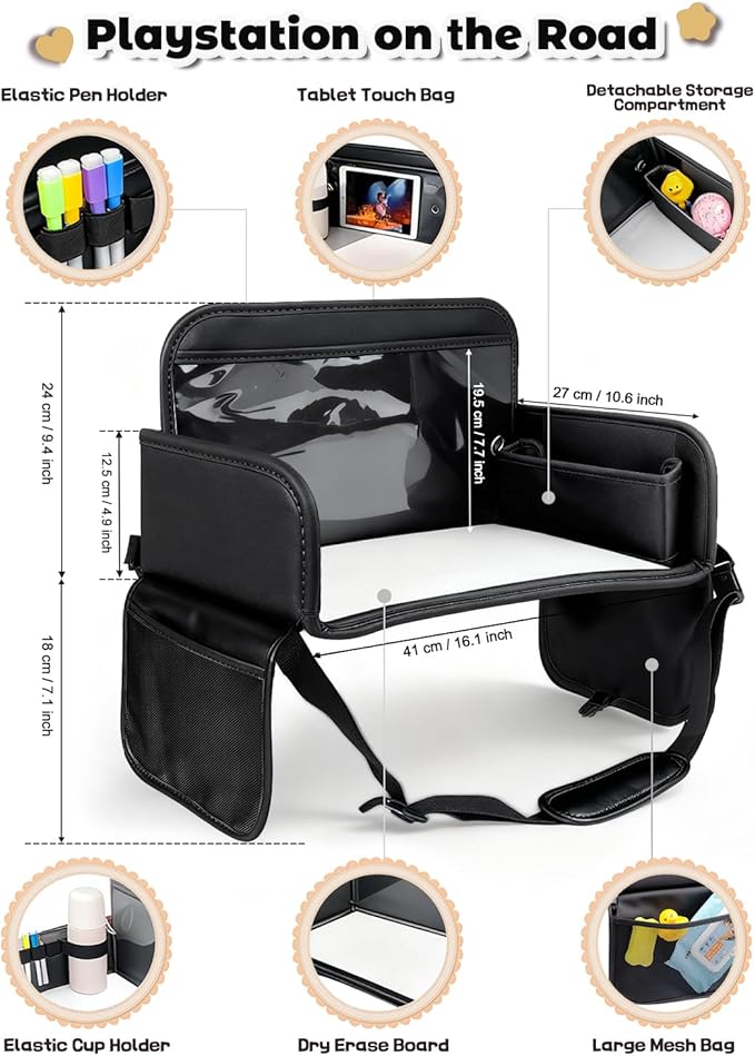Leather Kids Travel Tray for Car - Car Seat Tray for Kids Travel, Road Trip Essentials, Carseat Table for Roadtrip Activities - Must Have Toddler Lap Desk Organizer for Airplane (Black)