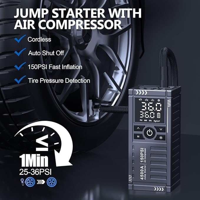 Car Battery Jump Starter with Air Compressor - 4500A 150PSI Portable Car Jump Starters (All Gas/10L Diesel) with Tire Inflator, 12V Car Battery Jump Box with Jumper Cables, LCD Display, LED Light