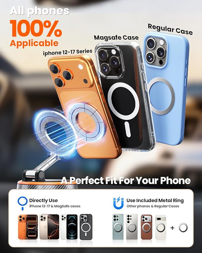 Upgraded Car Phone holder for Magsafe [120LBS Suction Cup & 3000gf Magnet ] 1100° Adjustable Vacuum Magnetic Phone Holders for Your Car, Dashboard Car Mount Bracket for iPhone & Android, Carbon Fiber