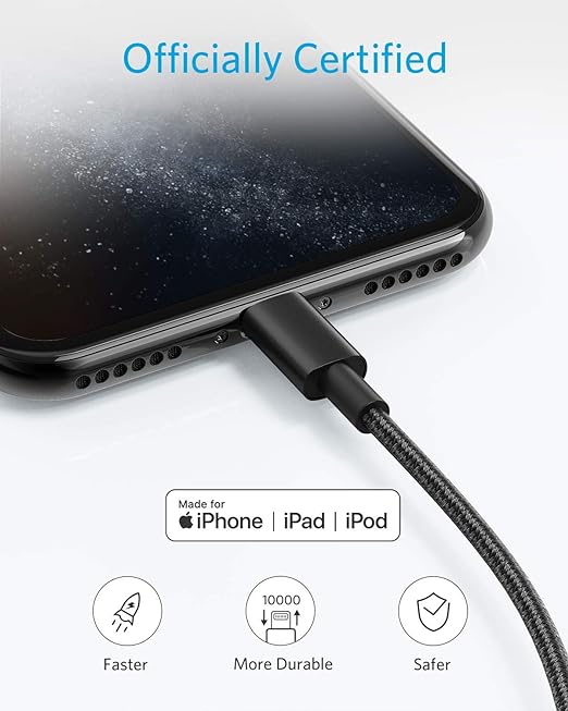 Anker USB A to Lightning Cable(3.3FT, 2Pack), MFi Certified Nylon USB to Lightning Cord for iPhone 14/13/12/11 Pro/11/XS MAX/XR/8/7/6s Plus Cable(Black) (Pack of 2)