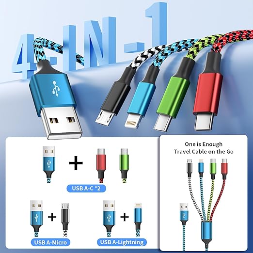 Travel Cruise Essentials 2026, Dual Type-C 4 in 1 Charging Cable, Multi Charging Cables for All Devices,2 USB C Ports Car Charger Cable for for iPhone 17-8/ Android/iPad and More
