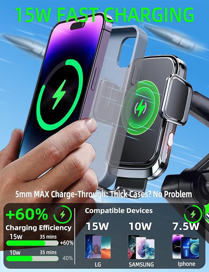 Truck Phone Holder Wireless Car Charger Mount, 15W Fast Charging Vacuum Phone Holders 14 inch Long Arm Heavy Duty Pickup Windshield and Dashboard, Trucks Accessories for iPhone Samsung LG