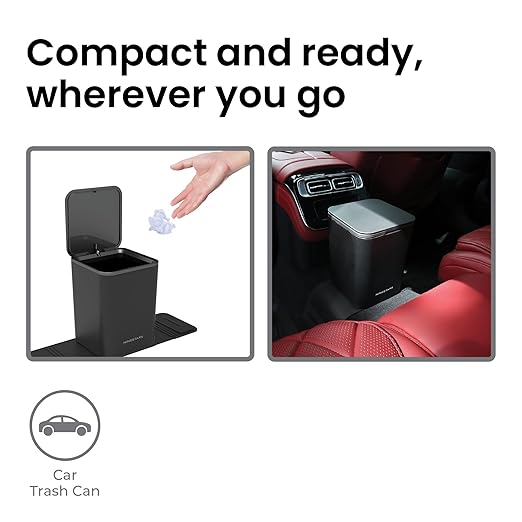 Ninestars Mini Car Trash Can with Press Lid, 3L / 0.79 Gallon Small Garbage Bin, Foldable Leak-Resistant Design with Weighted Non-Slip Base for Car Floor & Center Console (Black)