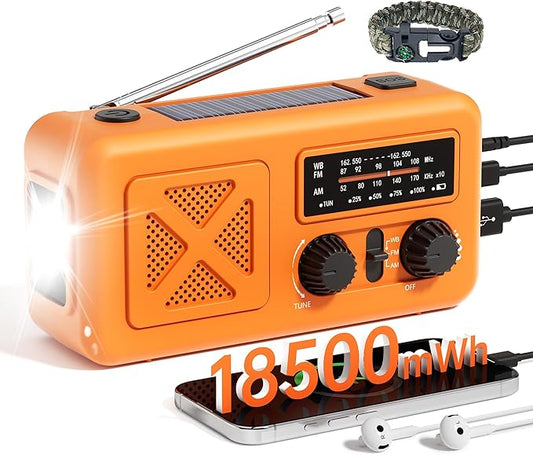 Emergency Radio Hand Crank Solar, 5000mAh/18500mWh Emergency Weather Radio, Solar Crank Radios with NOAA/AM/FM, Thermal Blanket, Paracord Bracele, for Outdoor & Home