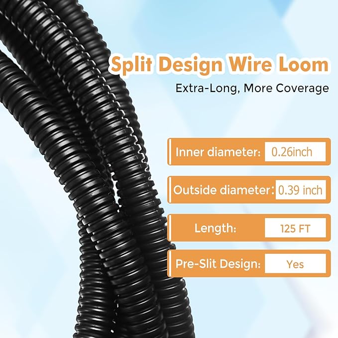 Automotive Wire Loom Flame Retardant Split Wire Loom Tubing Assortment Wiring Loom Kit Plastic Cover Electrical Covering Conduit Protective Wire Wrap Cable Sleeves Black 1/4" x 125 Ft