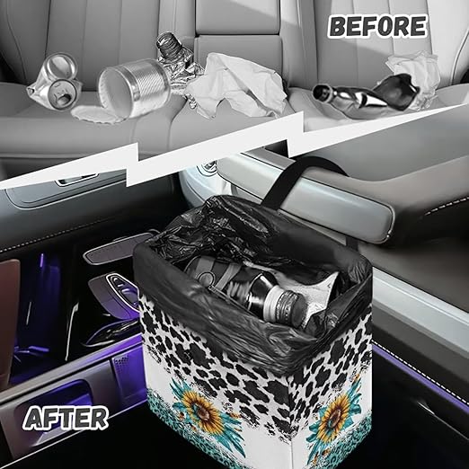 Cowhide Leopard Sunflower Car Trash Can Leak Proof Auto Trash Bag Hanging Vehicle Garbage Can Multipurpose Storage Container for Back Seat Car Accessories