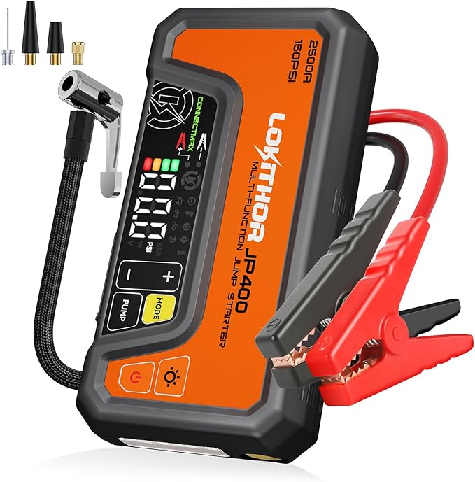 LOKITHOR JP400 Jump Starter with Air Compressor, 2500A 12V Portable Car Battery Booster Pack (8.5L Gas/6.5L Diesel) with ConnectMax Tech, 150PSI Tire Inflator, Auto-Shutoff & Dynamic Dwell (Orange)