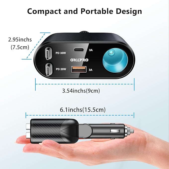 OHLPRO Retractable Car Charger Cigarette Lighter Adapter, 168W 5 in 1 Fast Phone Charging Built-in Replaceable Fuse, Socket Splitter with USB C and USB i Cord, Fit for Phone iPad Galaxy GPS, Grey