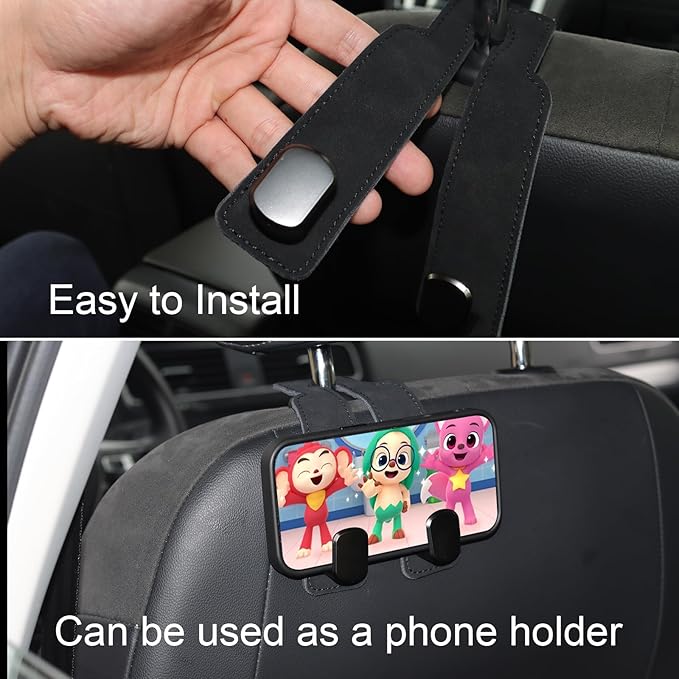 Purse and Bag Hook for Car, Zinc Alloy Seat Headrest Hooks, Upgraded Leather Car Seat Back Purses Hanger and Bags Holder (Black,2Pack)
