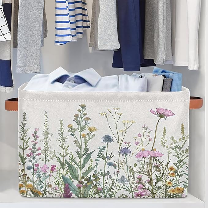 Wildflowers Plants Storage Baskets for Organizing, Fabric Collapsible Storage Bins Box Spring Esthetical Decorative Toy Organizer Baskets for Closet Shelves Gift Basket 1 Pc