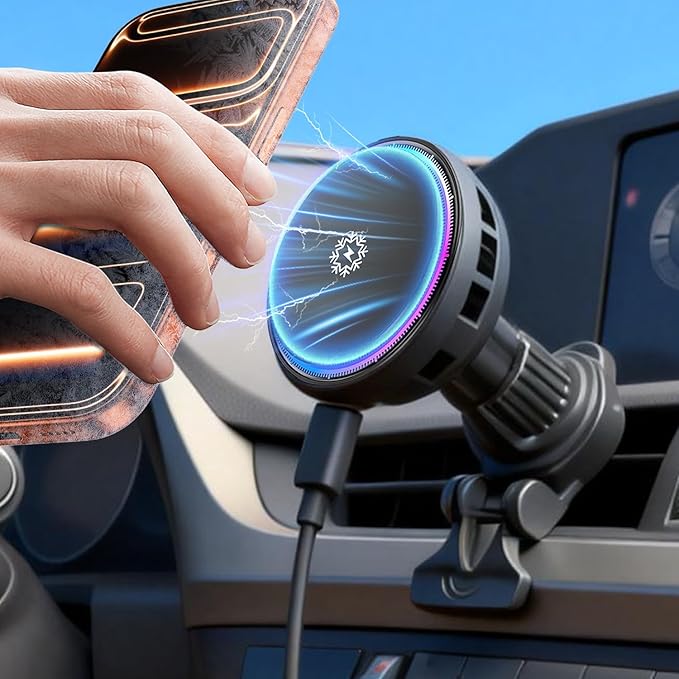 2026 Upgrade TEC & Fan Dual Cooling Magnetic Wireless Car Charger, For Magsafe Car Charger Mount, RGB, Air Vent 15W Fast Wireless Charging Car Phone Holder for iPhone 17/16/15/14/13/12, Samsung ＆Pixel