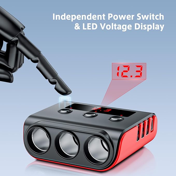 7 in 1 Cigarette Lighter Splitter, SONRU 3 Sockets Cigarette Lighter Splitter with PD Ports 3 Fast Charging USB Ports, 120W 12V/24V DC Independent Power Switches & LED Voltage Display