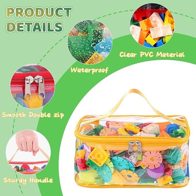 4 Packs Clear Toy Storage Bags, Colorful PVC Waterproof Toy Organizer with Zip Reusable Bags for Building Blocks, Board Game, Puzzles, Kids Books, Stationery