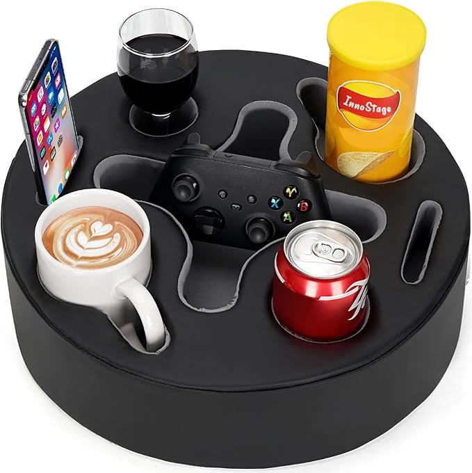 INNO STAGE Couch Cup Holder Pillow-Sofa Cup Holder | Couch Caddy Drinks Cupholder Tray for Bed, Rv, Tv, Car, Man Cave, Backseat for Remote, Snacks (PU Black, 13.7 x 13.7 inch)