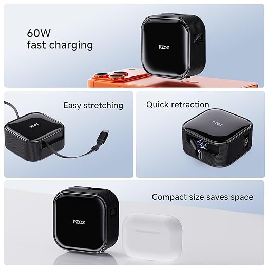 pzoz Retractable USB C Charging Cable, Two-Way Freely Retractable Charger/Data Type C for Desktop Car Cable Management Organizers Suitable iPhone/Samsung/MacBook/iPad