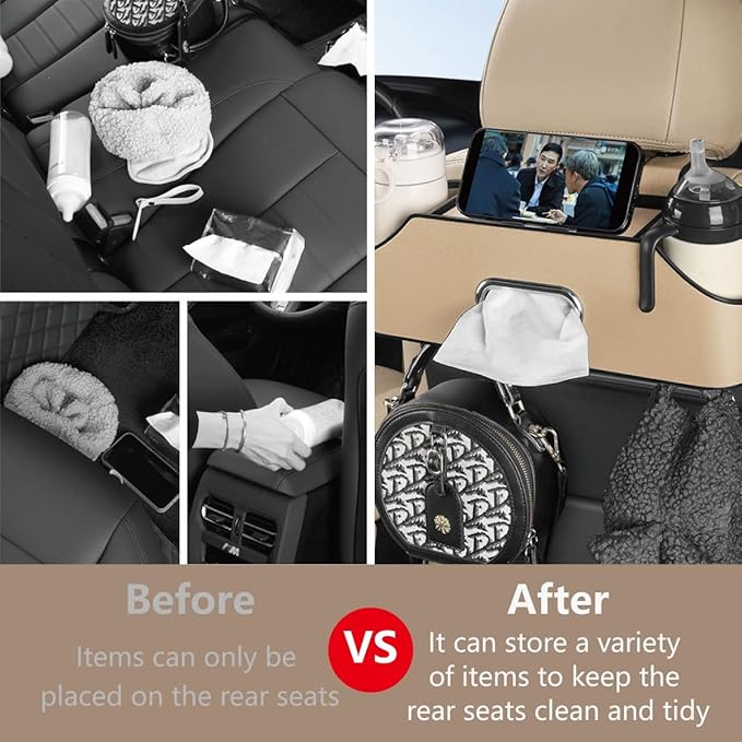 Backseat Car Organizer with 2 Drink Cup Holder - Tissue Holder - Car Seat Hooks for Headrest - Multi-functional Storage for Travel - Perfect for Kids, Adults(Beige)