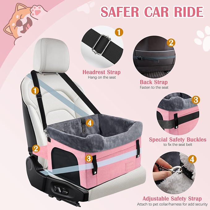 PetsHome Dog Car Seat for Small Dogs, Detachable Washable Pet Booster Seat with Storage Pocket, Breathable Mesh, Safety Leash, Adjustable Straps for Small Pets Up to 25lbs-Pink