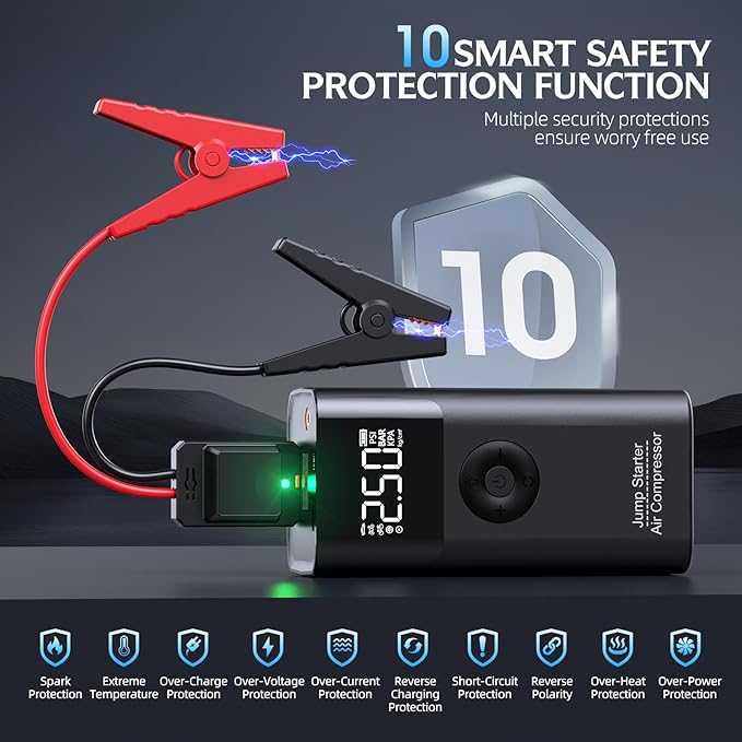 10-in-1 Jump Starter with Air Compressor, 3500A 150PSI Portable 12V Jump Box Car Battery (9 Gas/8 L Diesel), with Auto-Shutoff Tire Inflator, Power Bank, LED Lights, Large LCD Display