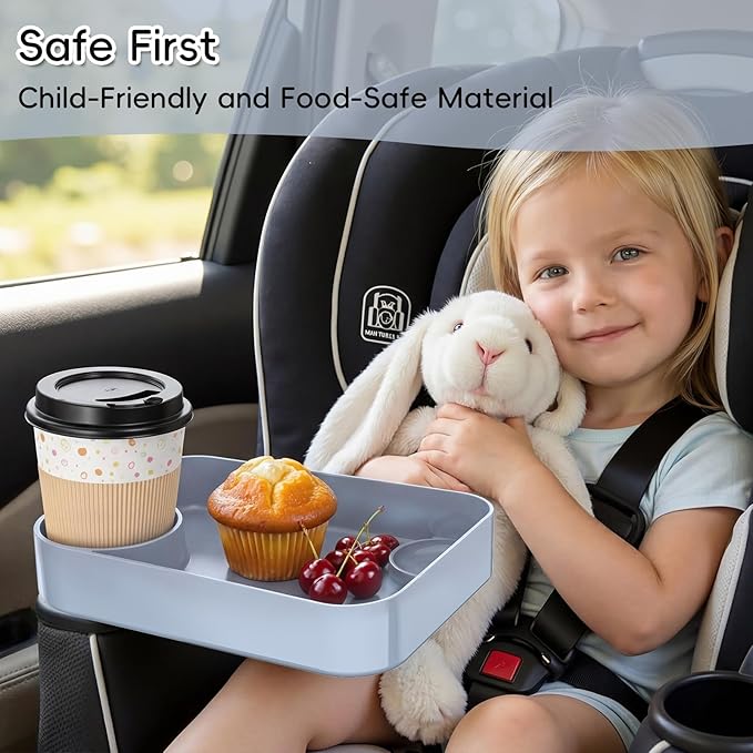 Kids Car Seat Tray, Travel Tray with Cup Holder for Toddler Baby, Kids Car Seat Food Snack Organizer for Road Trip, Stroller Snack Organizer Travel Must Haves Toddler Must Haves (Light Gray, 1 Pack)
