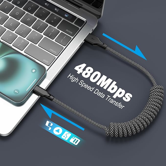 Coiled Carplay Car Charger Fast Charging，[2-Pack, 3ft] Retractable Braid USB A to USB C Cable for iPhone 17/17 Air/16/15/Plus/Pro Max/MacBook Pro, USB C Cord,Grey