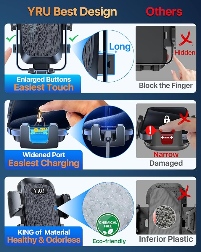 YRU True Military Grade Car Phone Holder Upgraded Strongest Rotatable Suction Cup Cell Phone Mount for Dashboard Windshield, Truck Cradle Dash Stand for iPhone 17 16 Pro Max 15 14 13 Android, Black