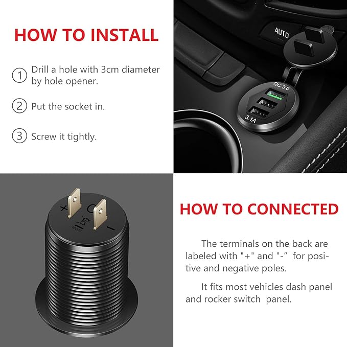 Quick Charge 3.0 Car Charger, Marine Grade 12V/24V 35W QC3.0/2.0 USB Socket, IP66 Waterproof 3-Port Fast Charging with Wire Fuse Aluminum for Car Boat Marine ATV RV Truck Golf Cart