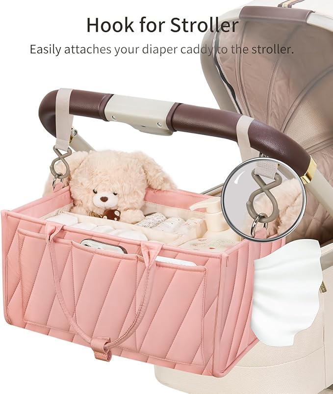 Pink Diaper Caddy Organizer – Portable Storage Basket with Shoulder Strap & Stroller Hooks, Splashproof Quilted Nursery & Car Tote for Baby Girl Shower Gift, Baby Registry, Blush Pink