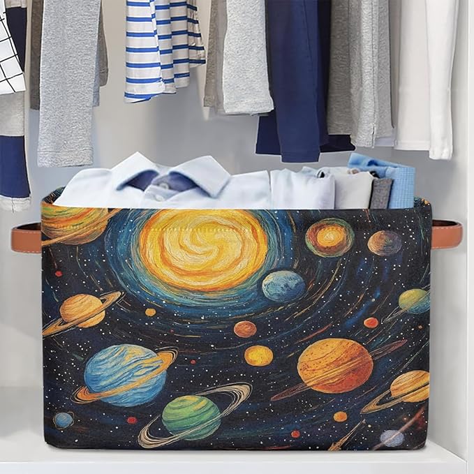Solar System Storage Baskets for Organizing, Fabric Collapsible Storage Bins Box Space Planets Decorative Toy Organizer Baskets for Closet Shelves Gift Basket 2Pcs