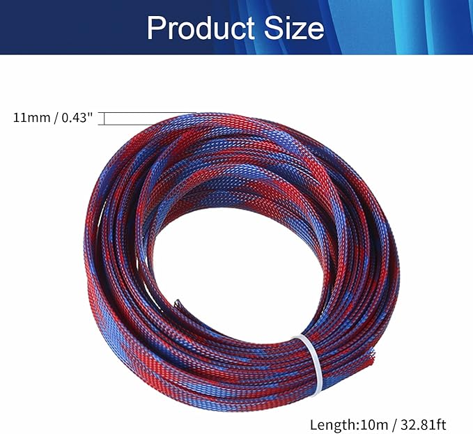 Aicosineg 32.8ft PET Flexible Braided Cable Sleeve 0.4inch Width Wire Loom Sleeving and Organizer Flexible Wire Mesh Sleeve for TV Audio PC Cords from Pets Chewing Blue and Red