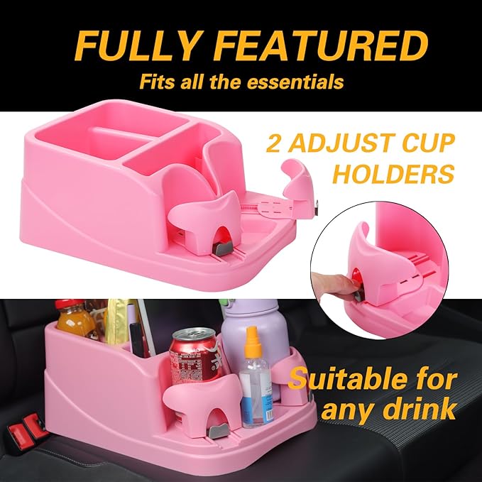 Center Console Organizer,Automotive Consoles Organizers and Storage with 2 Adjustable Cup Holders,Back Bench and Front Seat or Floor Middle Console Universal for Car Truck RV Van SUV (Pink)