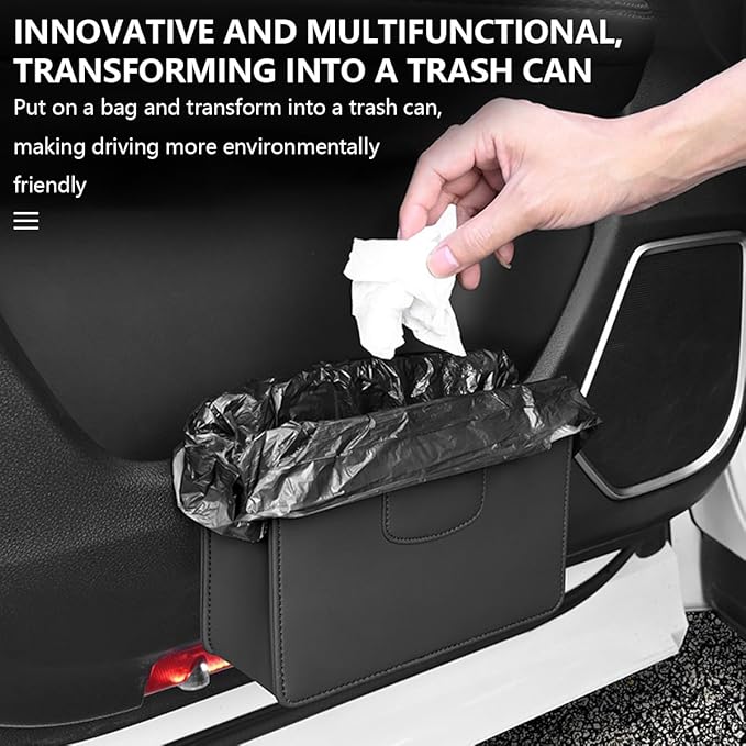 Car Trash Can, Leather Auto Garbage Bin, Magnetic Litter Storage Container, Mini Portable Foldable Vehicle Interior Hanging Dustbin Accessories, Universal for SUV, Truck, RV（Black）