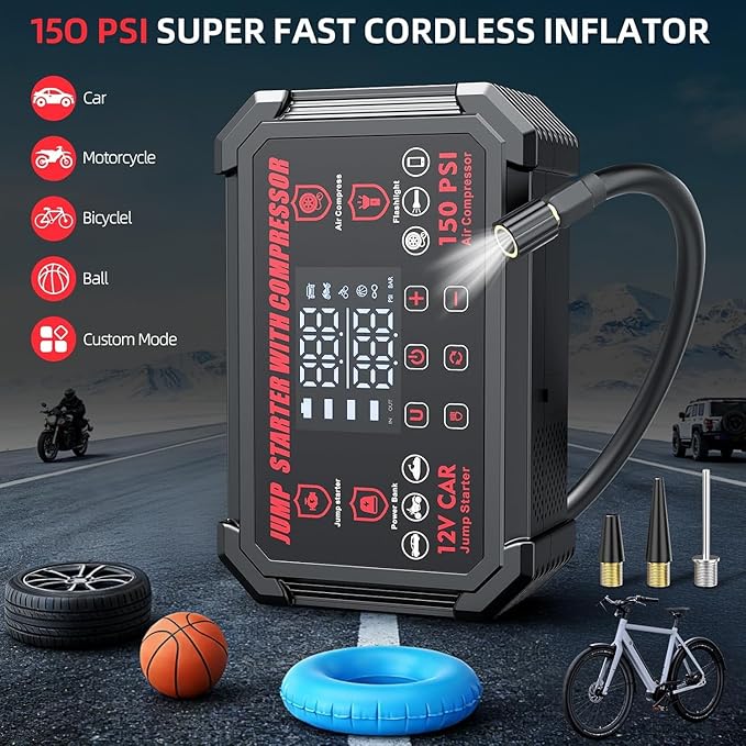 Jump Starter with Air Compressor, 4000A Peak Portable Car Battery Jumper Starter with 150PSI Auto-Shutoff Tire Inflator, 12V Car Jump Box with LED Light&LED Display All Gas /10L Diesel,Motorcycle