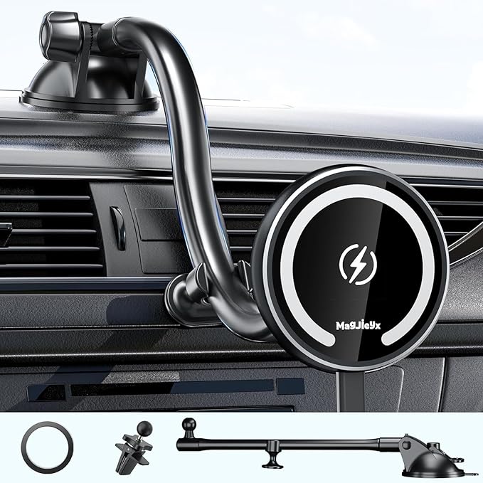 MAGJIEYX Fits Car Mount Wireless Charger, Gooseneck Long Arm Suction Cup, Fast Charging Strong Magnets Car Phone Holder,Dash/Vent/Windshield for iPhone 15/14/13/12,Pro Max,Plus,Mini,MagSafe Case