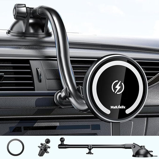 MAGJIEYX Fits Car Mount Wireless Charger, Gooseneck Long Arm Suction Cup, Fast Charging Strong Magnets Car Phone Holder,Dash/Vent/Windshield for iPhone 15/14/13/12,Pro Max,Plus,Mini,MagSafe Case