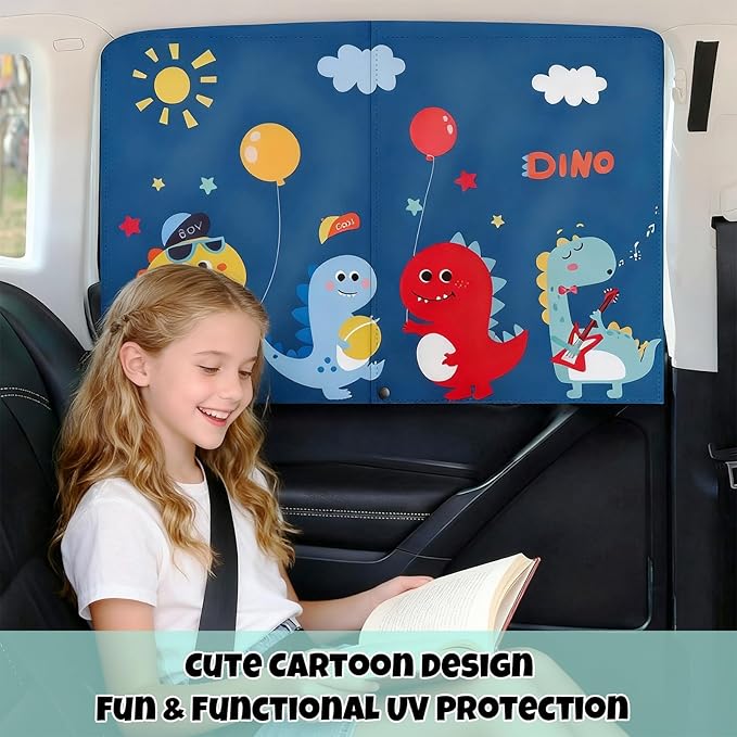 Car Window Shade for Baby, 2 Pack Magnetic Double Layer Sun Shade with Cute Dinosaur Design, Adjustable Privacy Blackout/See-Through Window Curtains, UV Protection, Fits Most Cars SUV Minivan