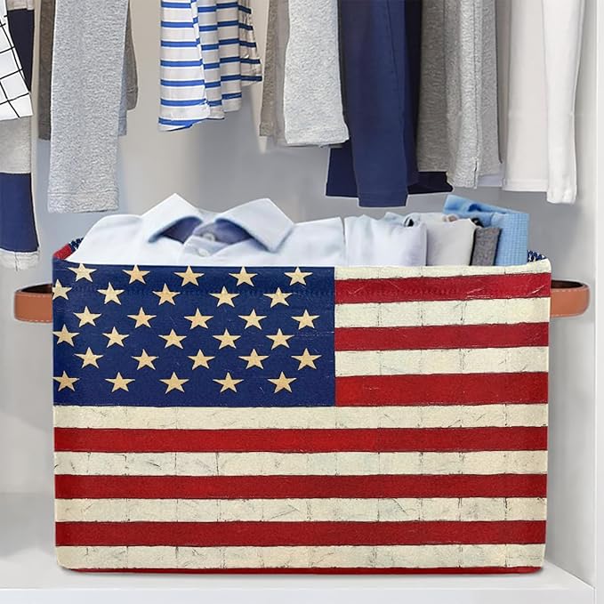Patriotic Usa Flag Storage Baskets for Organizing, Fabric Collapsible Storage Bins Box Vintage American Flag Decorative Toy Organizer Baskets for Closet Shelves Gift Basket 1 Pc