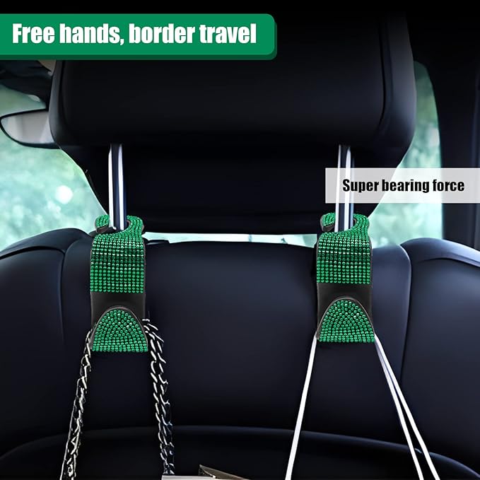 OSIFIT 2PCS Car Seat Hooks, Bling Car Rhinestone Headrest Hooks, Universal Bling Car Interior Accessories, for Handbag, Clothes, Purse, Water Bottle (Green)