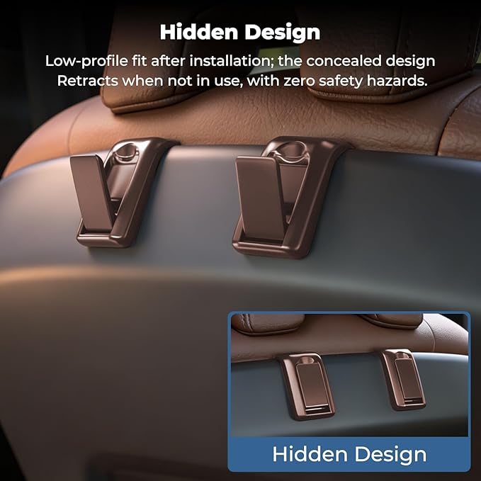 2 Packs Upgraded Foldable Car Seat Headrest Hidden Hooks for Volvo XC90 XC60 XC40 S90 S60 C70 V90 V60 EX30 EX90 60/90 Series Accessories, Storage Organizer for Purse Bag Toy Bottle (Brown)