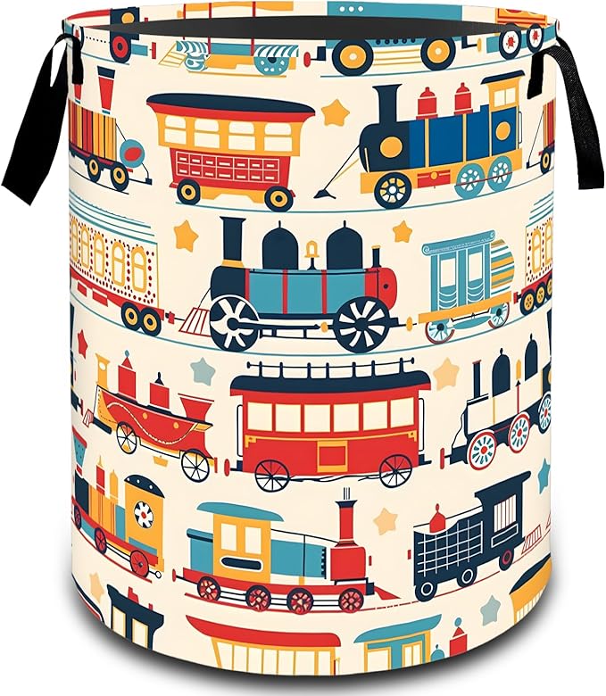 Retro Colorful Train Laundry Basket, Dirty Collapsible Clothes Toy Organizer Hamper for Kids Adults, Oxford Cloth Waterproof Storage Bin for Bedroom Bathroom Home Decor Gifts, 19.7"X15.7"