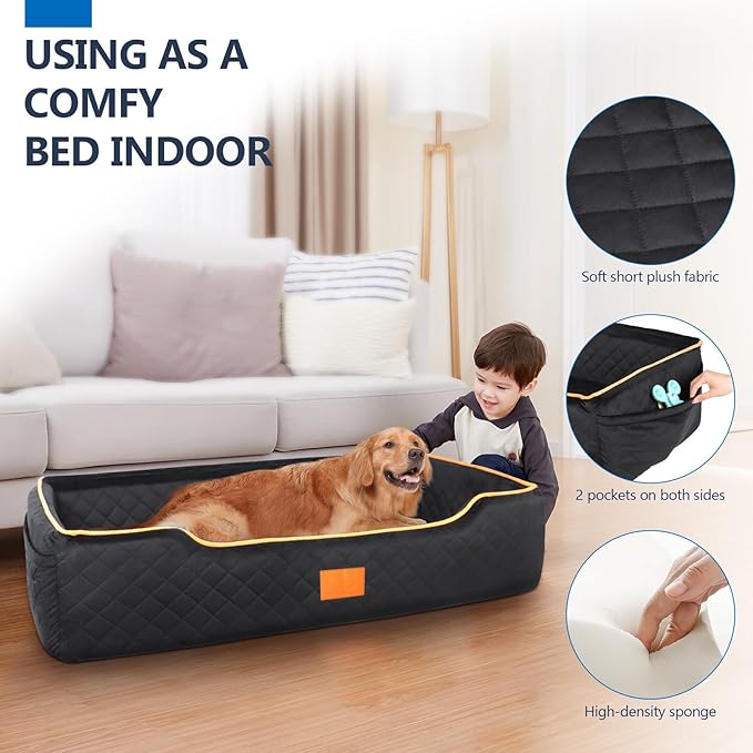 XIEEAOZEE Large Dog Car Seat for Dods Under 100 Lbs, Memory Foam Dog Car Bed for Backseat & Trunk, Detachable and Washable Cover, Pet Travel Seat with Storage Pockets, 2 Safety Belts