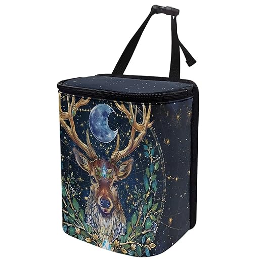 Talayituse Deer Moon Print Car Trash Can Portable Auto Garbage Bin Multifunctional Vehicle Interior Accessories with Adjustable Straps Universal Fit Truck SUV Sedan