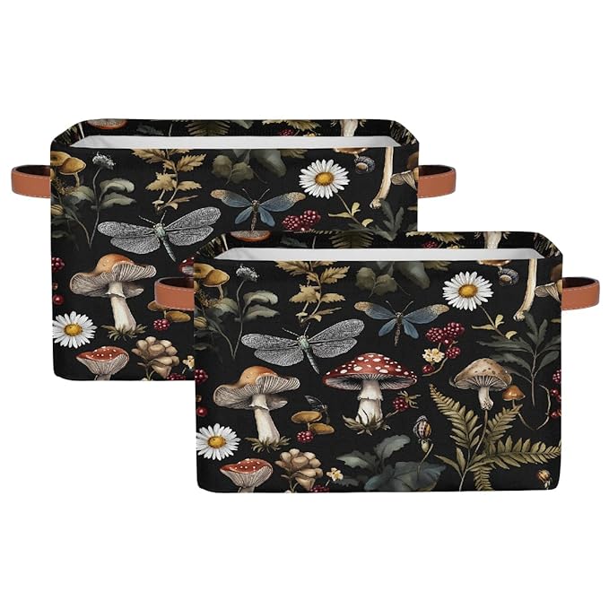 Mushrooms Daisies Storage Baskets for Organizing, Fabric Collapsible Storage Bins Box Forest Plants Decorative Toy Organizer Baskets for Closet Shelves Gift Basket 2Pcs