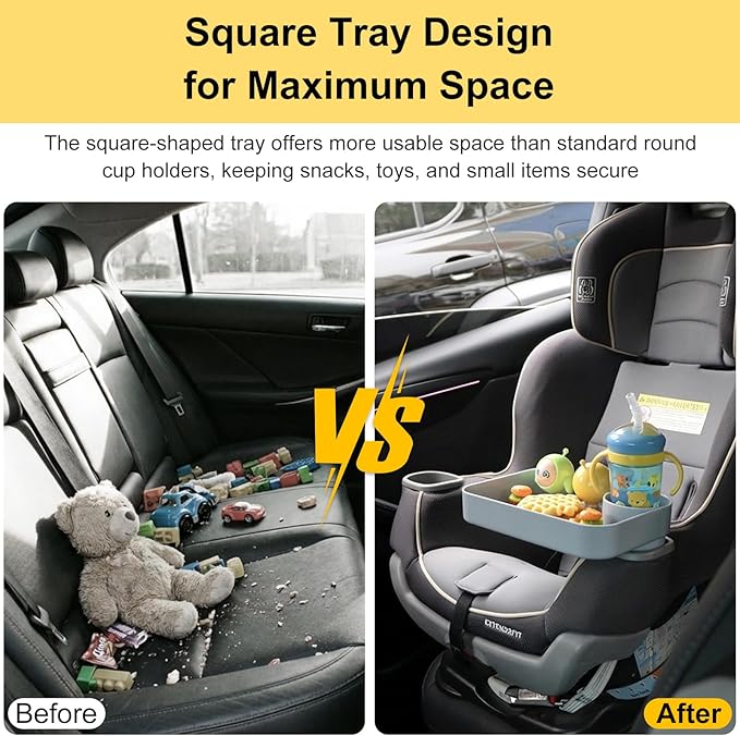 Car Seat Snack Tray for Kids, Square Car Seat Cup Holder Snack Tray with Adjustable Base, Durable CarSeat Tray for Toddlers, Universal Fit for Tesla, Safety Seats, Car Center Consoles (Gray)