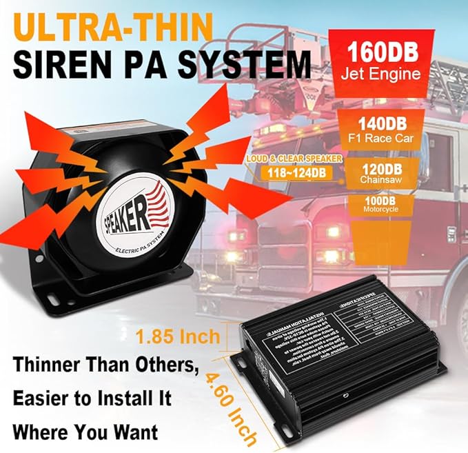 Emergency Police Siren 200W Multi-Tones PA System Slim Speaker Sirens with Handheld Controller & Mic Microphone Warning Electronic Alarm Horn Kit for Tow Truck Car Vehicles Pickup UTV ATV POV RV