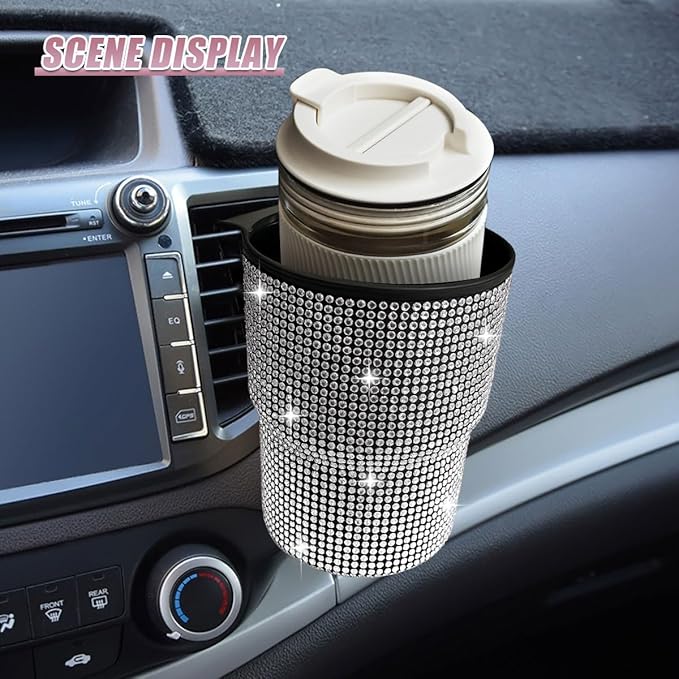 Bling Rhinestones Car Air Vent Trash Can, Hanging Automotive Cup Holder with 2 Hooks, Multi-Function Vehicle Door Organizer Accessories for Key, Pen, Water Bottles, Cellphone(White)
