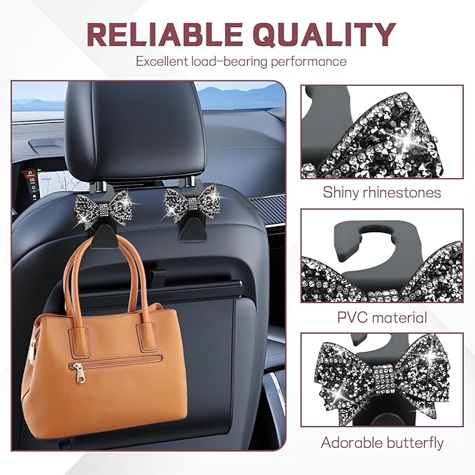 2PCS Bling Bow Car Seat Headrest Hook, Cute Bow Purse Hanger for Cars, Crystal Rhinestone Auto Seat Back Storage Hanging Hooks for Handbag Umbrella Coat Grocery Bags, Car Accessories (Black)