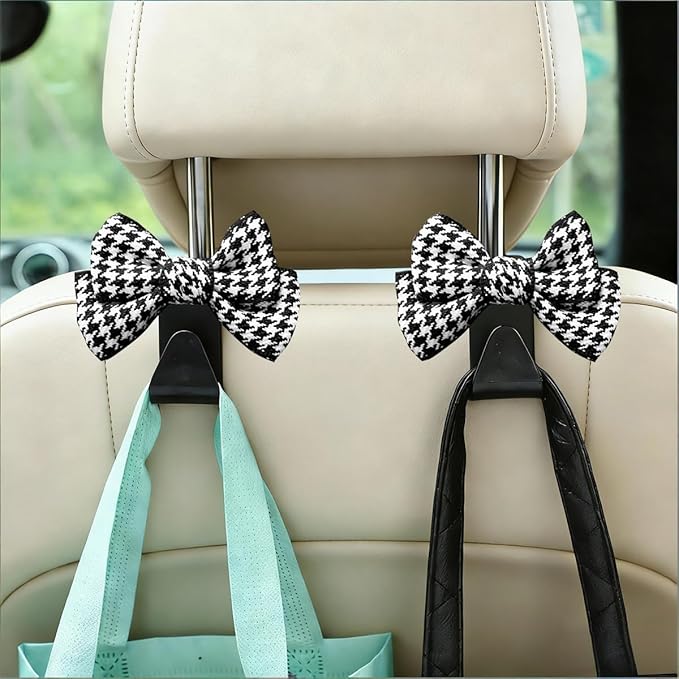 2PCS Car Seat Headrest Hooks, Cute Bow Vehicle Backseat Storage Hanger for Handbag Umbrella Coat, Auto Seat Back Hook Holder Organizer Decor, Universal for Vehicles (Small Black Houndstooth)