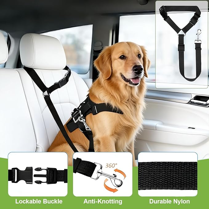 Dog Car Barrier & Seat Belt Set, Heavy Duty Canvas Car Seat Divider for Dogs with Double-Sided Organizer, Adjustable Elastic Straps, Precision Fit for SUVs & Cars, Pet Travel Safety Kit